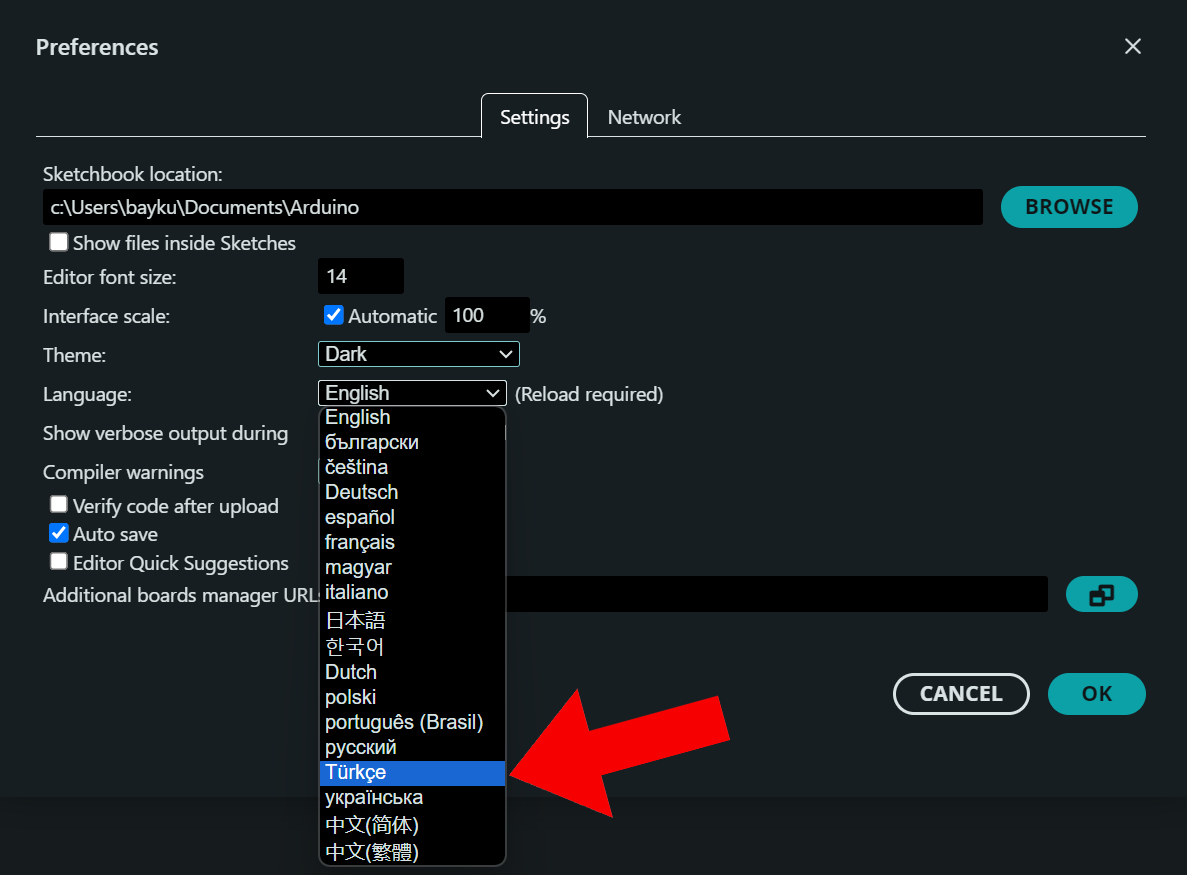 Dil ayarları menüsü